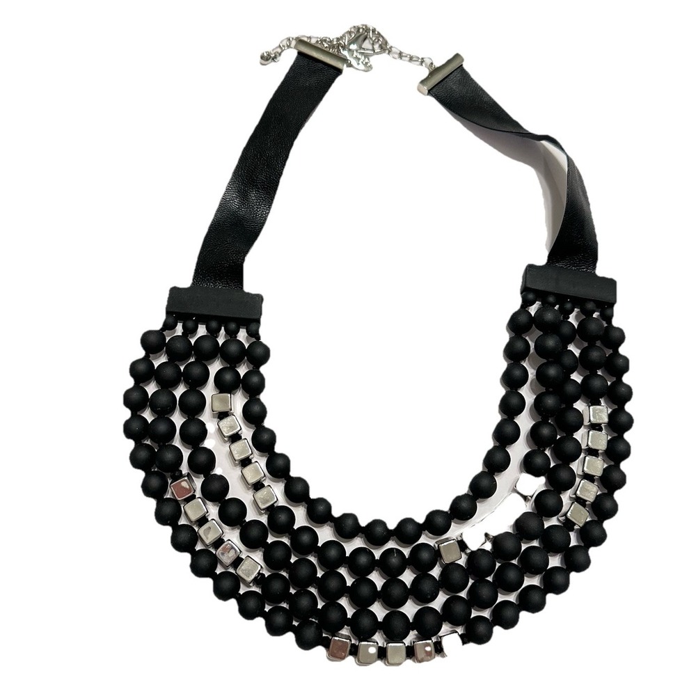 Chico's Faux Leather Matte Black & Silver Bead Multi Strand Necklace Chic‎